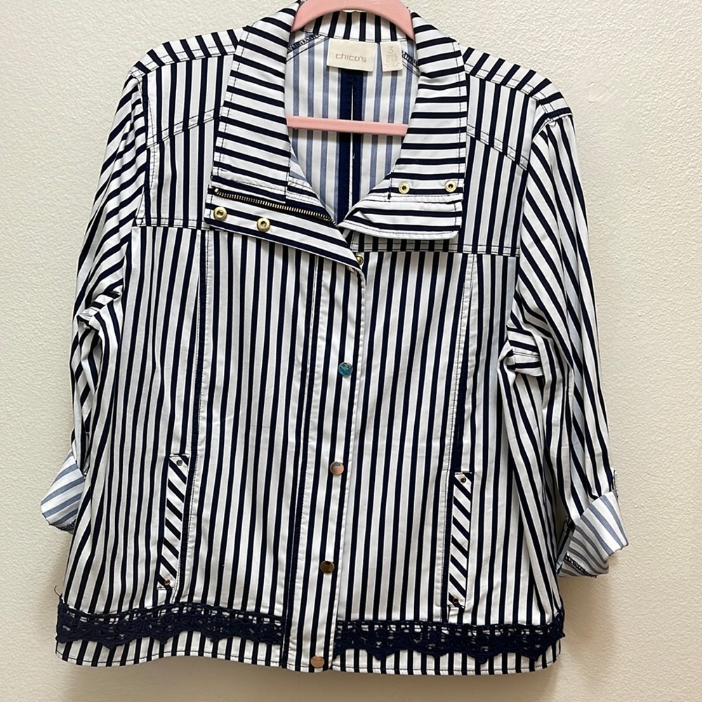 Chico's Nautical Navy White Stripe Jacket Shirt 3 XL 16